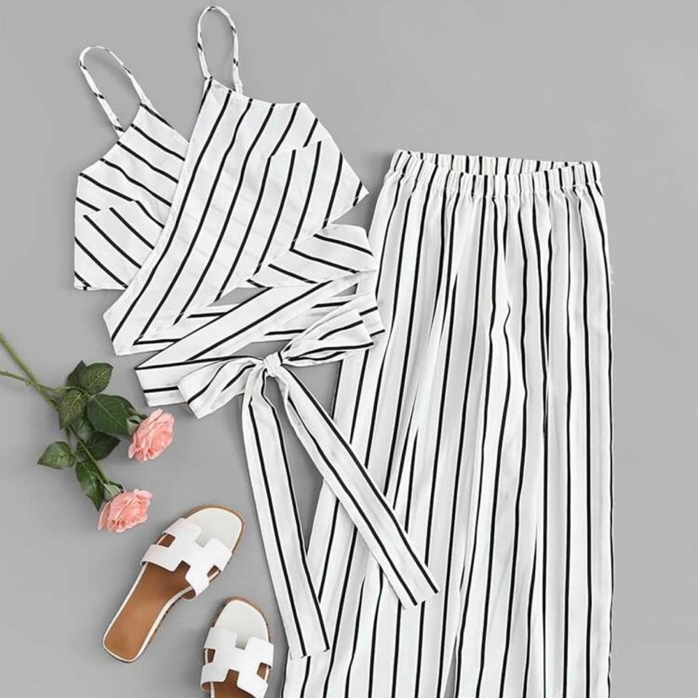 Clearance‼️ New Striped Self-Tie Cami Top & Wide-Leg Pants Set Size S(4)